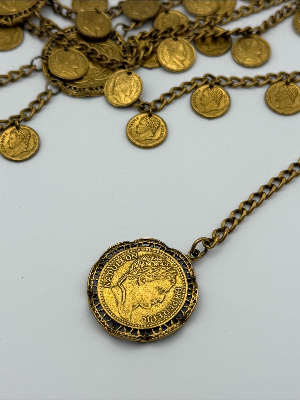 Vtg Napoleon Lion Coin Statement Couture Belt Gold Tone 39” Double Sided Coins - Picture 4 of 9